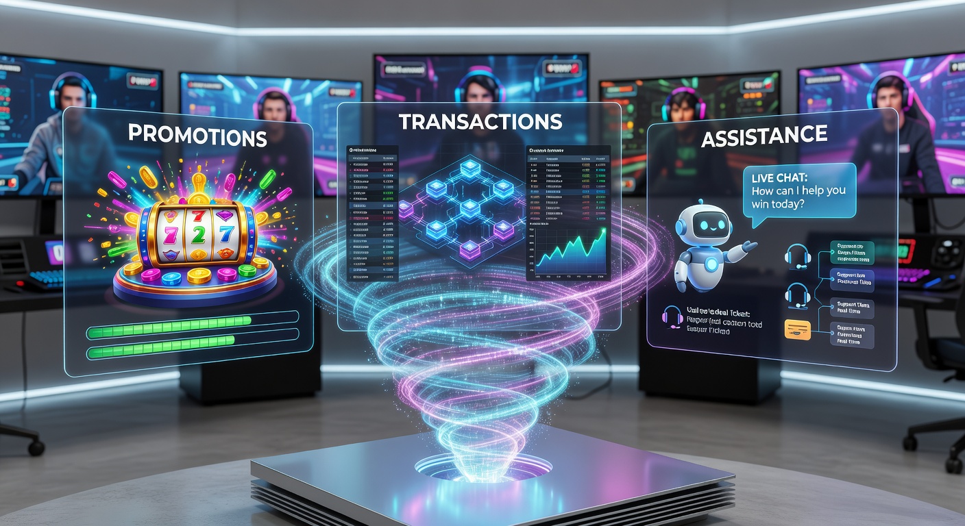 Verflochtene Elemente von Promotionen, Transaktionen und Support in einer pulsierenden digitalen Arena mit Gewinnfeiern